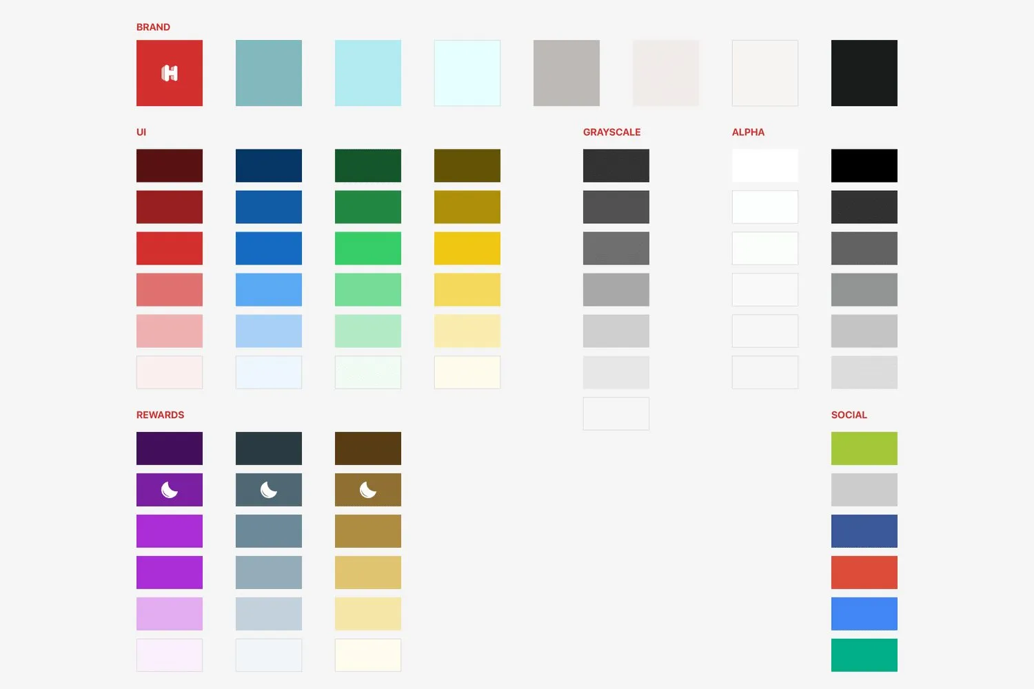 Colour chips grouped as brand, UI, rewards, greyscale, alpha, and social. The brand row starts with the red H.
