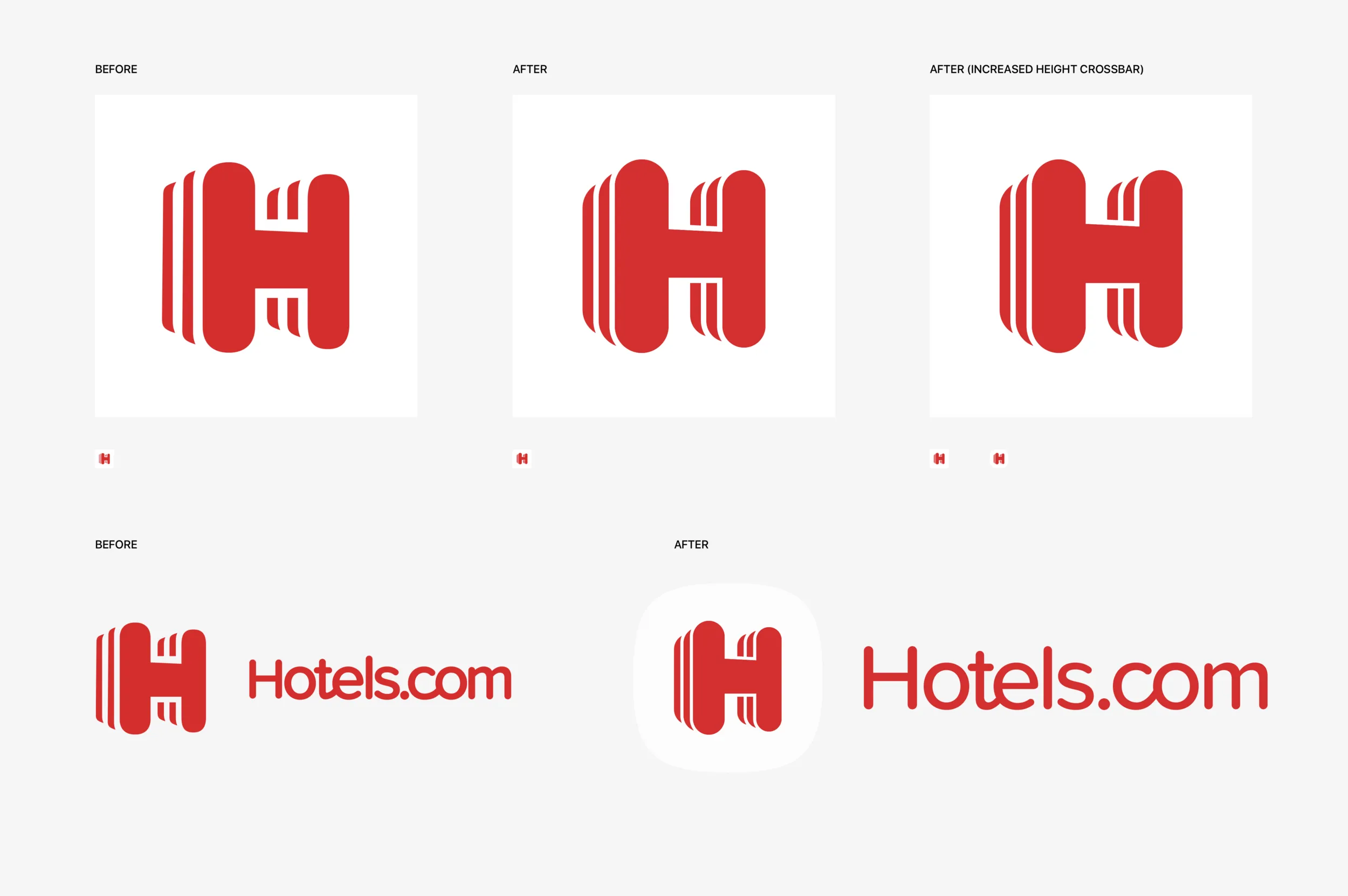 The Hotels.com H before and after the refresh, including a taller crossbar, and the wordmark set beside the mark and inside the app icon.