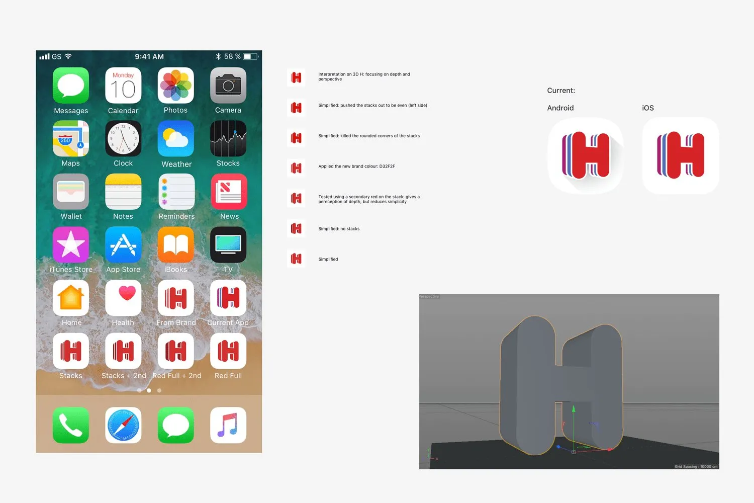 Explorations of the app icon. The H on a phone home screen, flat versions of the mark, and a solid model of the H.