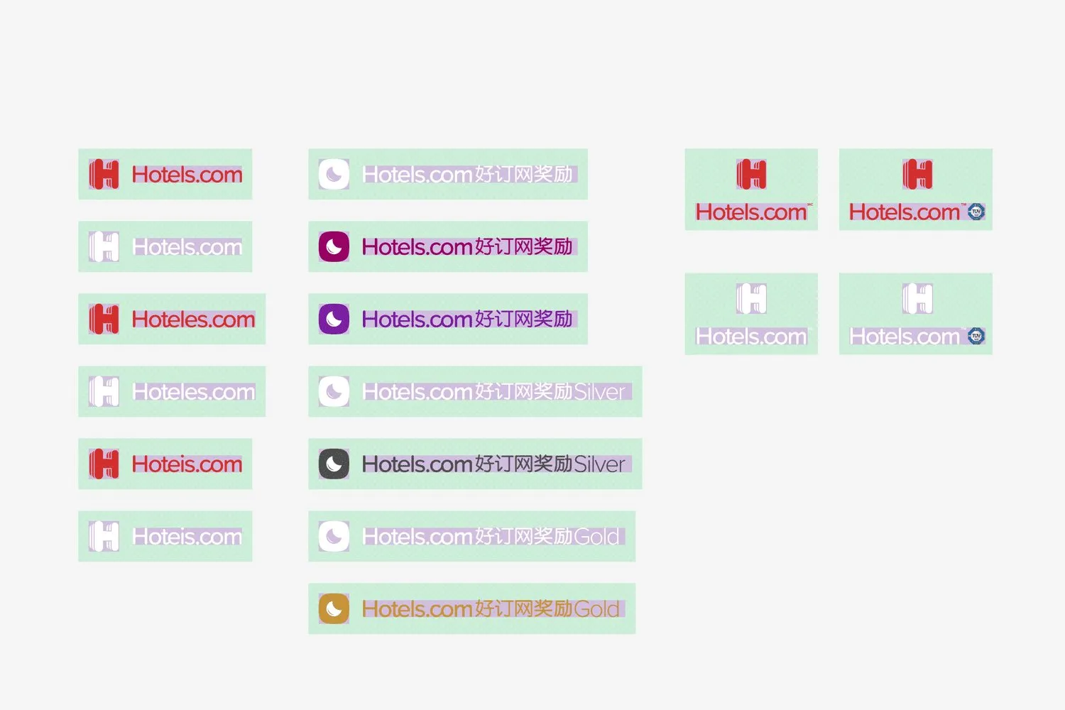The H and the wordmark in red, white, and grey, beside Hotels.com Rewards lockups that add Chinese, including silver and gold.