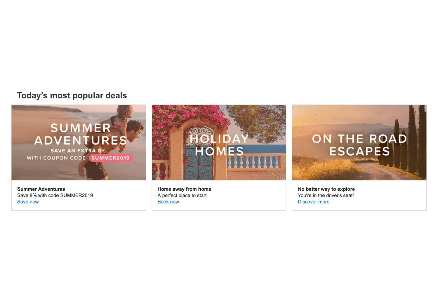 Three offer cards. Summer adventures, holiday homes, and on the road escapes.