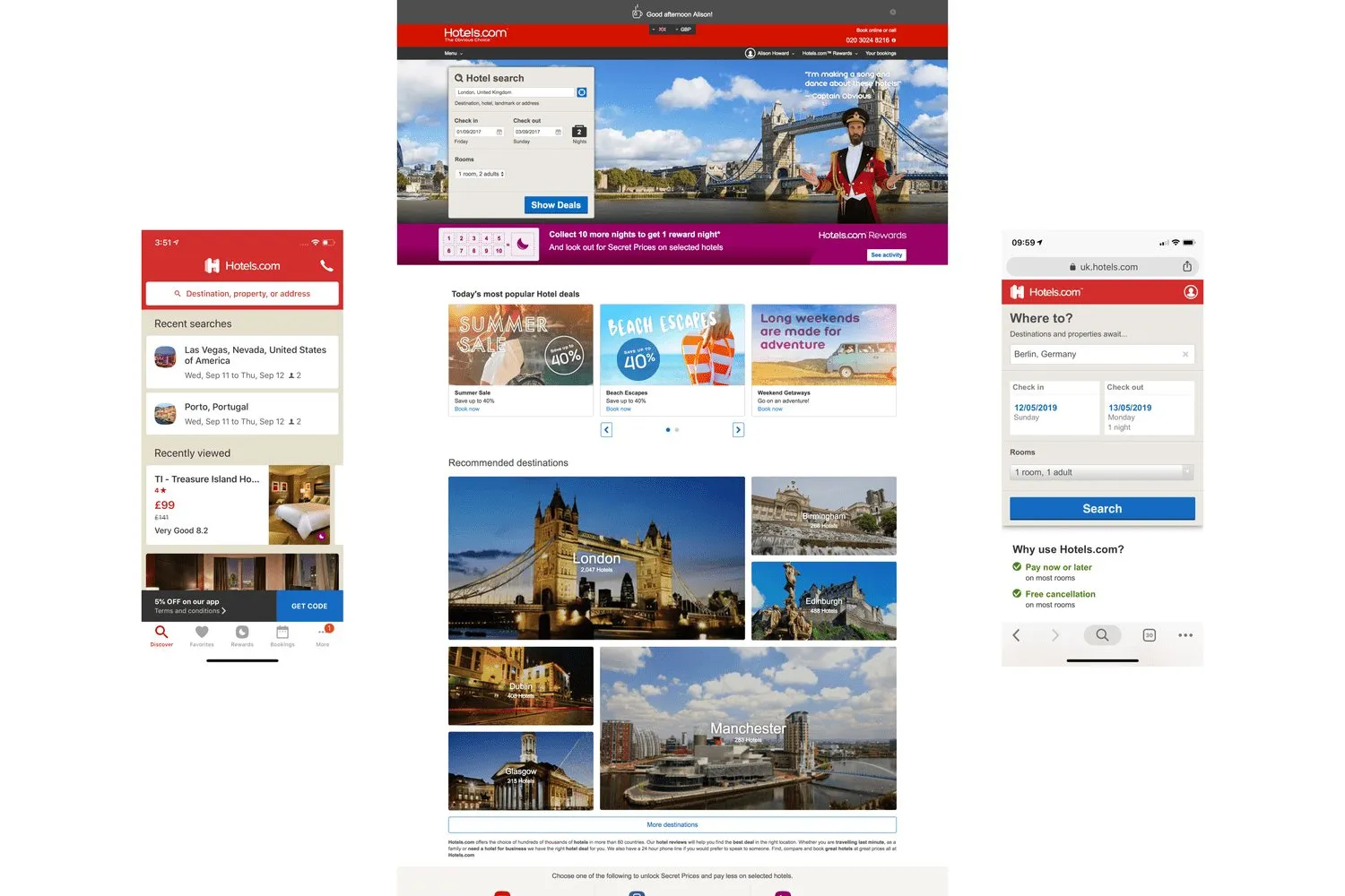 The site, the app, and a phone browser, side by side. The desktop is a search over Tower Bridge. The app is recent searches. The phone is a Berlin search on uk.hotels.com.