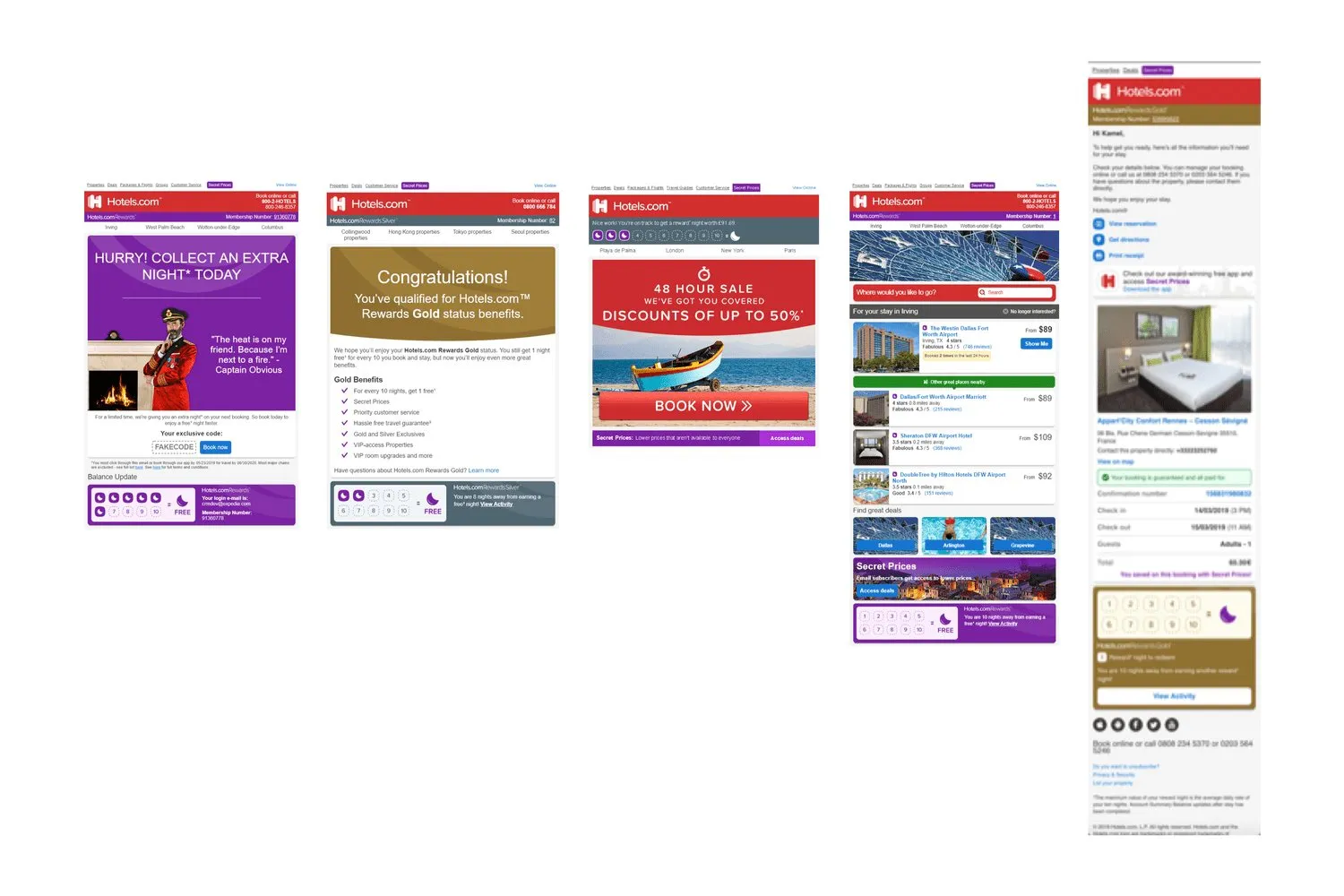 Emails and a booking note that do not match. A purple extra-night offer, a gold rewards email, a 48 hour sale, a phone search, and a long booking receipt.