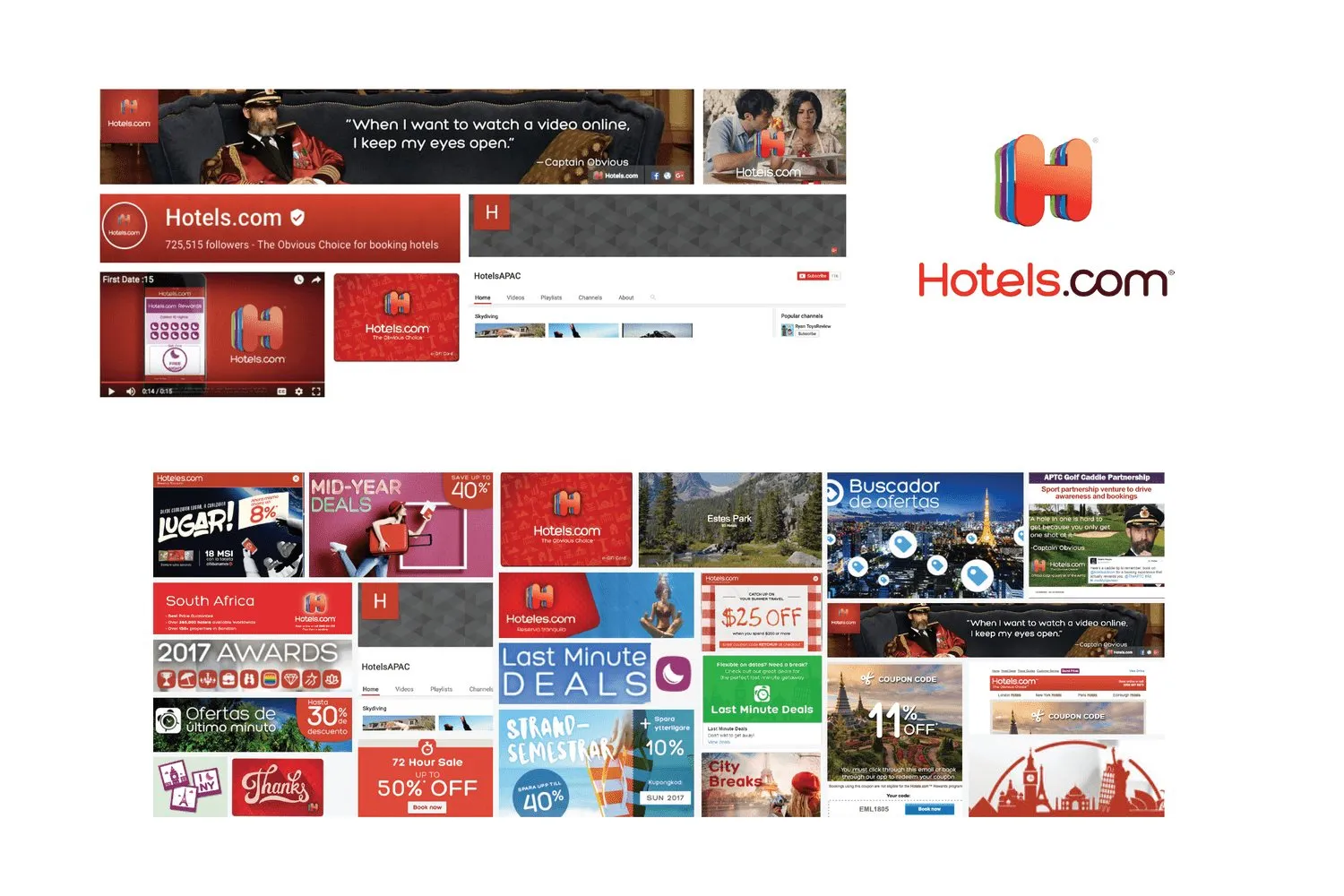 A collage of Hotels.com ads and social posts. A YouTube card, banners in more than one language, and the striped H with the wordmark at the right.