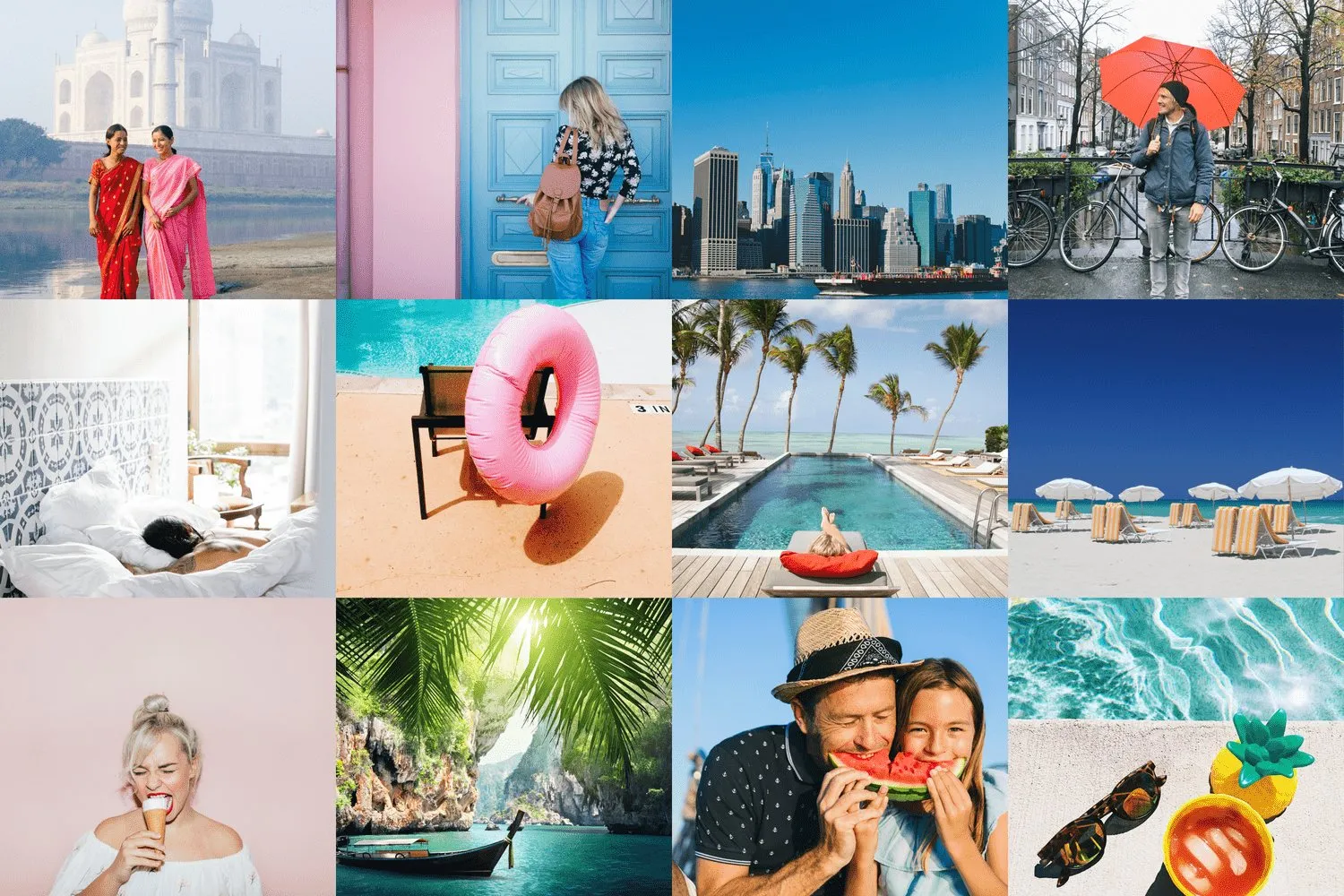 Destination photographs with people in them: pools, cities, and travel, the kind of picture the brand wanted.