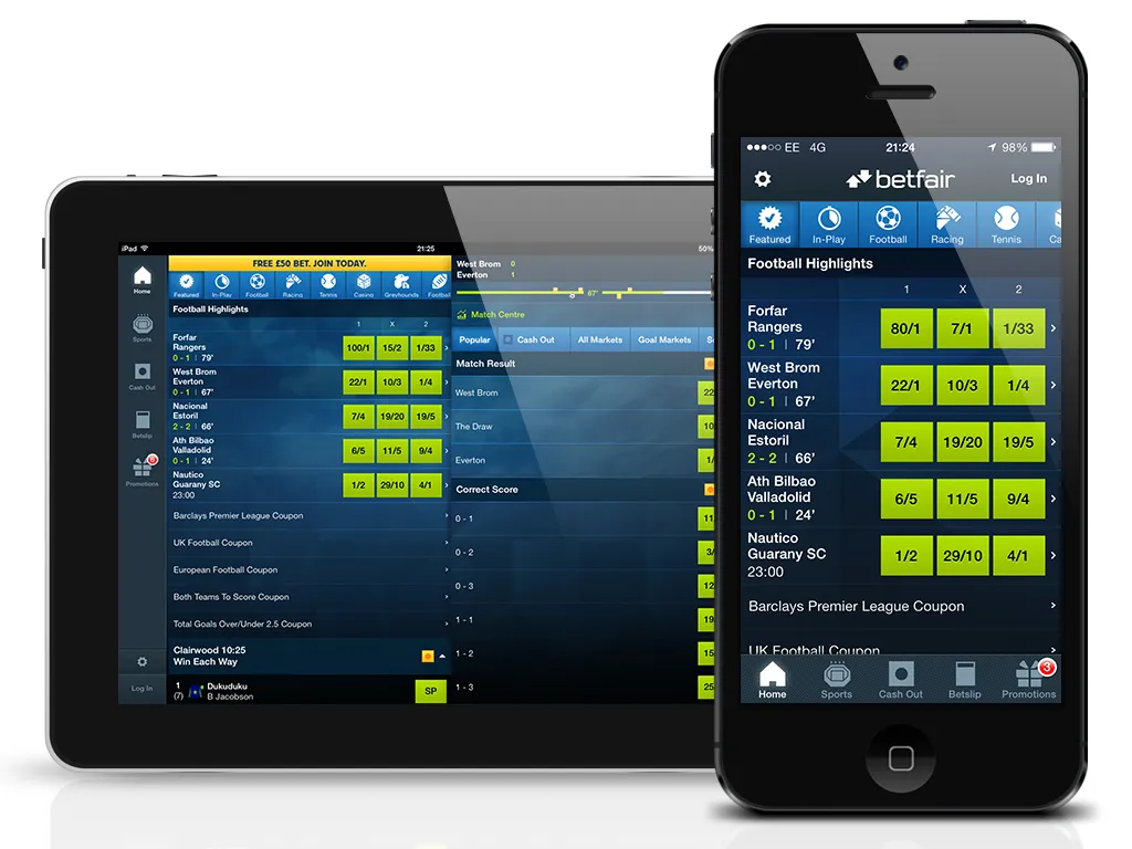 Betfair Sportsbook on an iPad and an iPhone, football highlights with green odds.