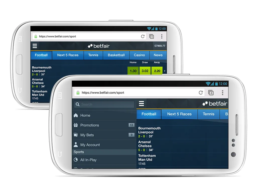 The same sportsbook in a mobile browser on two Android phones, open at betfair.com/sport.