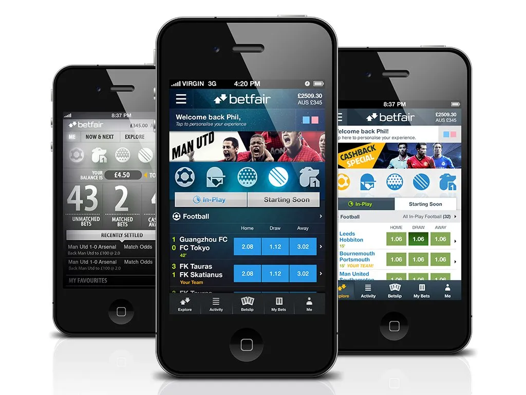 Three iPhones. The left is the exchange, with unmatched and matched bets. The middle and the right are the sportsbook, in-play football, one with blue odds and one with green.