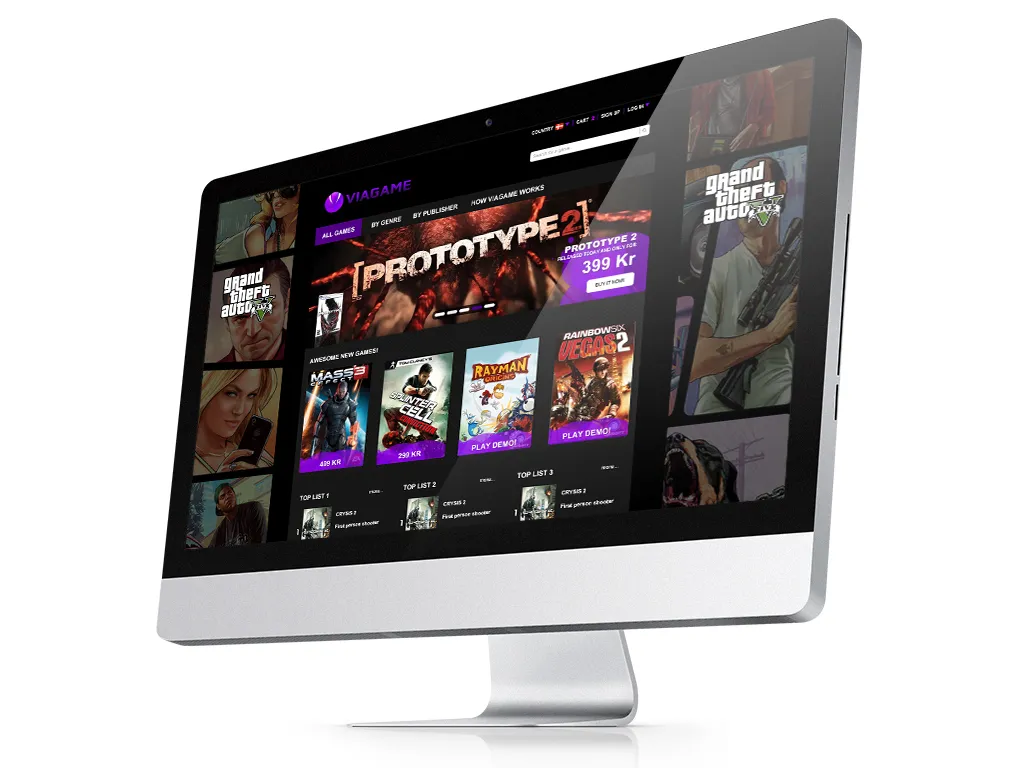 The Viagame store on a desktop screen, with Prototype 2 at 399 kr and a row of games under it.