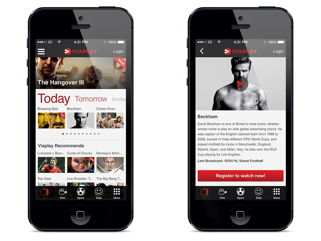 Two iPhones running a Viaplay concept. One lists today and tomorrow, with The Hangover III. The other is a Beckham page, with a trailer and a register button.