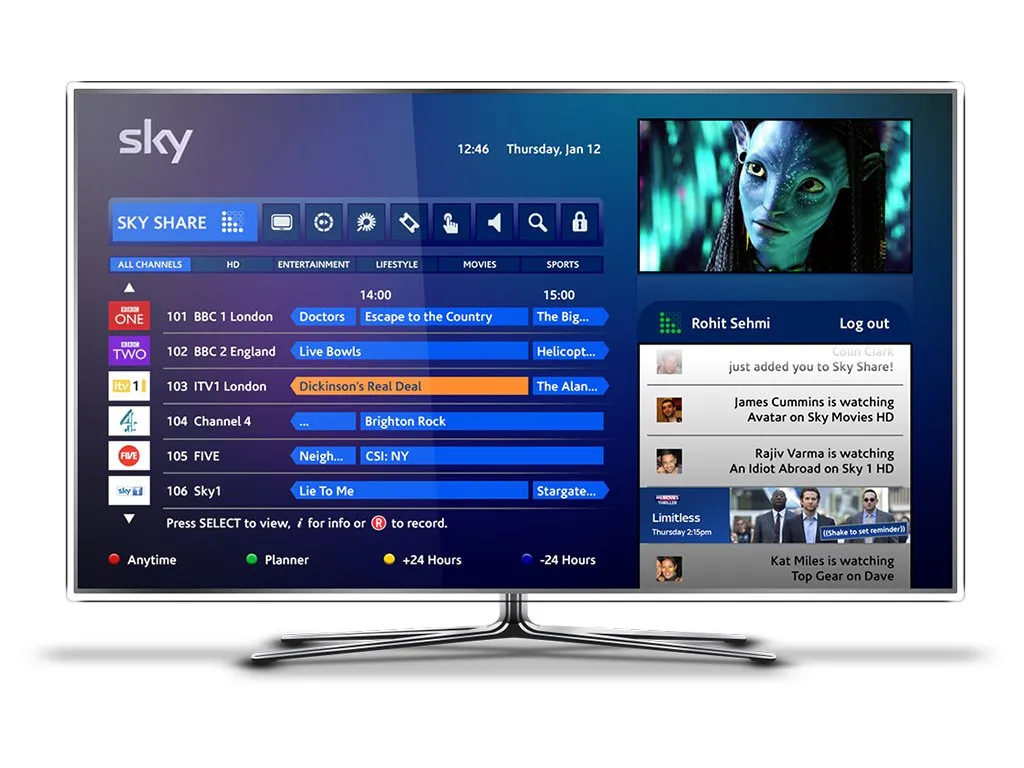 A television concept signed in to Sky. The guide lists BBC, ITV, Channel 4, and Sky, and a panel shows what other people are watching.