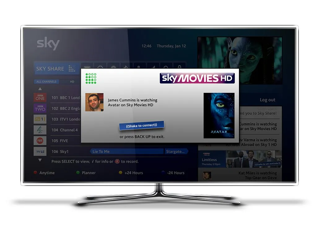 The same television, with a note over the guide. James Cummins is watching Avatar on Sky Movies HD, and a button says shake to connect.