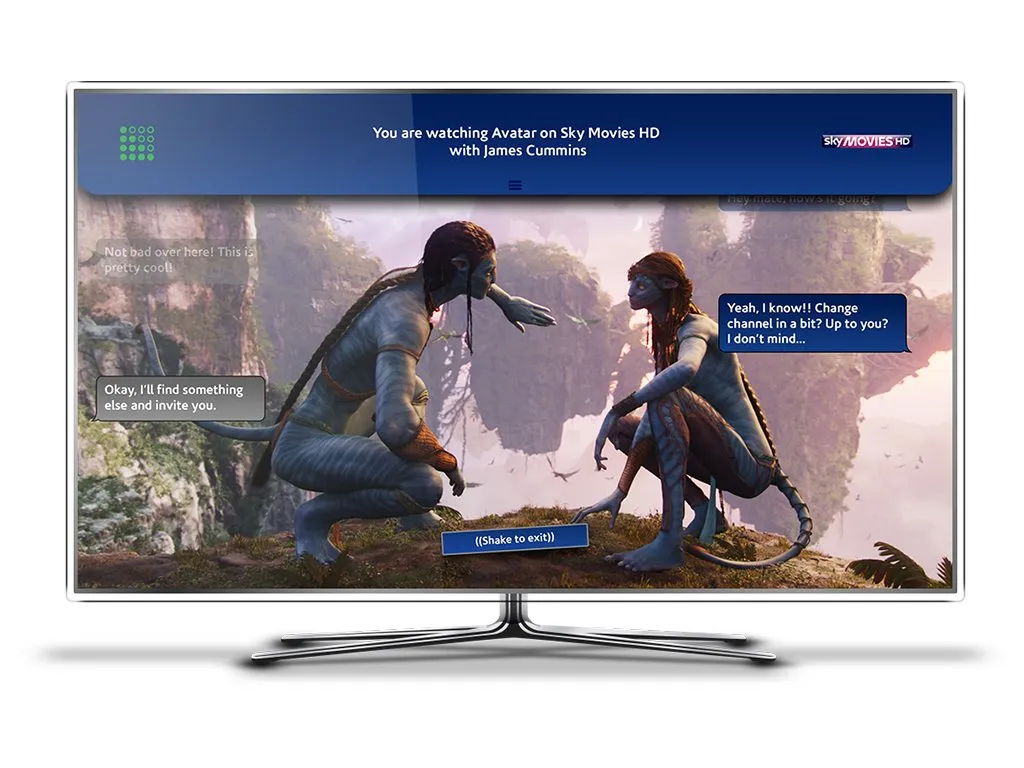 Avatar full screen, with a bar that says you are watching with James Cummins, and chat bubbles over the picture. A button says shake to exit.