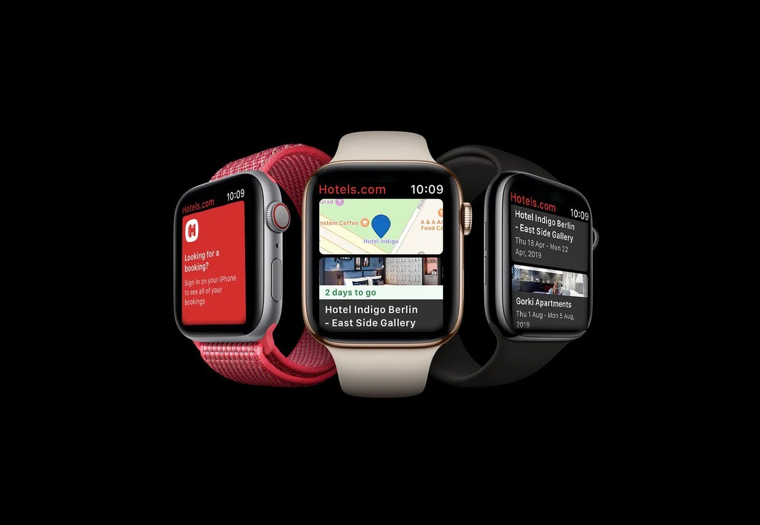 Three Apple Watches. A red one asks you to sign in. A gold one shows Hotel Indigo Berlin on a map, two days to go. A black one lists Hotel Indigo Berlin and Gorki Apartments.