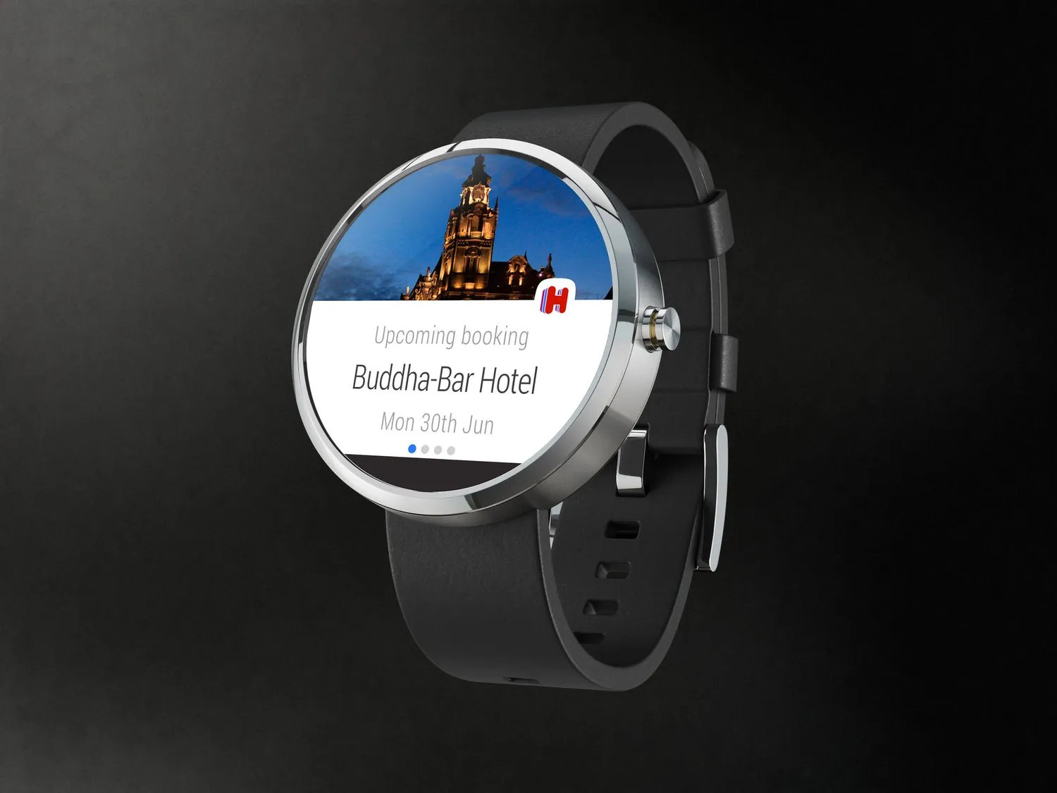 A round watch shows an upcoming booking for Buddha-Bar Hotel on Monday 30th June, with the Hotels.com H.